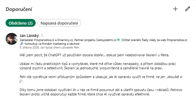 LinkedIn doporučení od Jana Lánského
